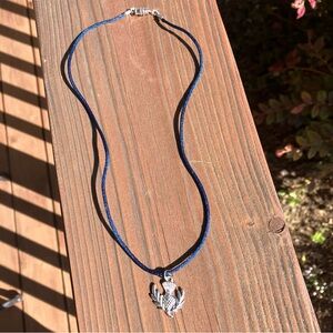 Silvertone Scottish Thistle on Blue Satin Necklace